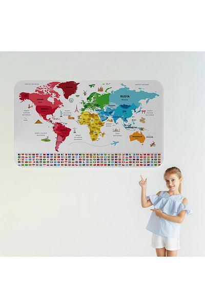 Harita Sepeti Turkish Country Flag Educational Capital Detailed Atlas World Map Wall Sticker-3861