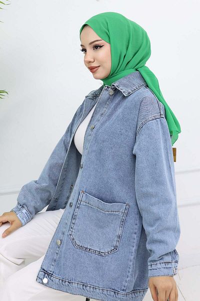 benguen Μπλε 702 Μπουφάν τζιν Hijab με λεπτομέρεια τσέπης
