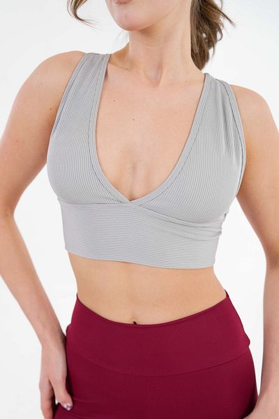 Saade Gray Low-Cut V-Neck Ribbed Knitted Seamless Cotton Crop Bustier - Padded Sports Bra