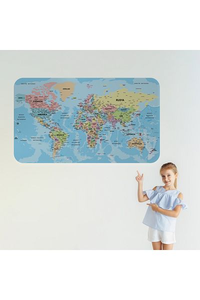 Harita Sepeti Turkish Educational Country And Capital Ocean Detailed Atlas Decorative World Map Wall Sticker-3869