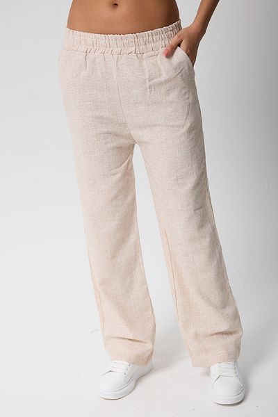 Firststops Women's Beige Elastic Waist Linen Trousers with Pockets