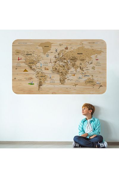 Harita Sepeti Wooden Look Turkish Educational Detailed Atlas Decorative World Map Wall Sticker-3843