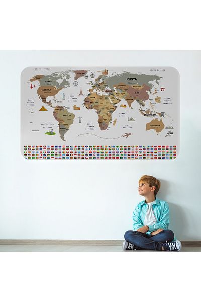 Harita Sepeti Turkish Country Flag Educational Capital Detailed Atlas World Map Wall Sticker-3862