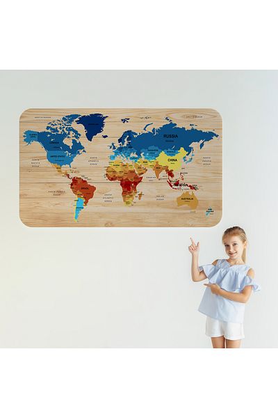 Harita Sepeti Wooden Look Educational Detailed Atlas Decorative World Map Wall Sticker-3856