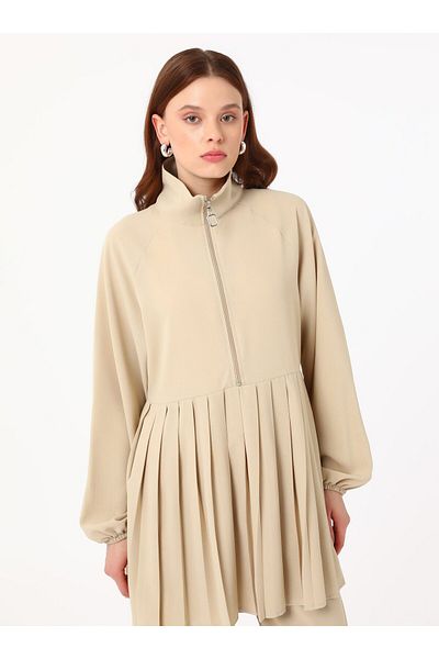 Refka Pleated Detailed Zippered Tunic & Trousers Set - Stone Color - Refka Exclusive