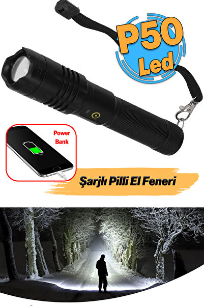 Badem10 Şarjlı Pilli El Feneri P50 Ledli Kamp Lambası Gece 800 Metre Uzun Men...