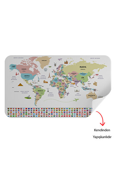 Harita Sepeti Turkish Country Flag Educational Capital Detailed Atlas World Map Wall Sticker-3859