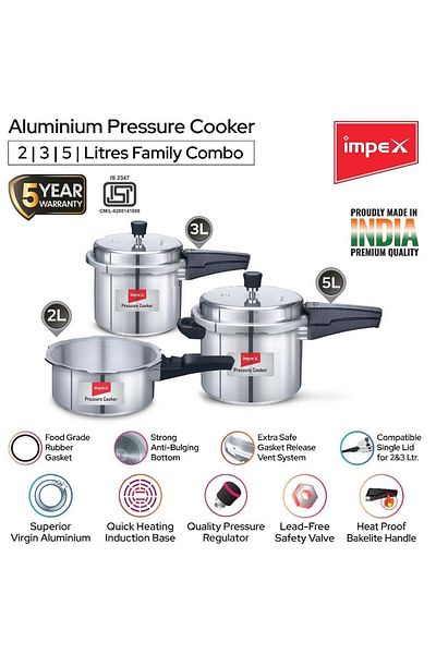 İMPEX Pressure Cooker Combo Outer Lid Induction Stove Compatible 2, 3 & 5 Litres Silver Aluminium-IFC 235