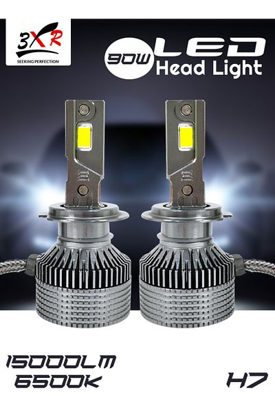 3XR 90W H7 LED Car Headlight Bulbs, 15000LM 6500K White, IP65 Waterproof, 12V-32V, Pack of 2