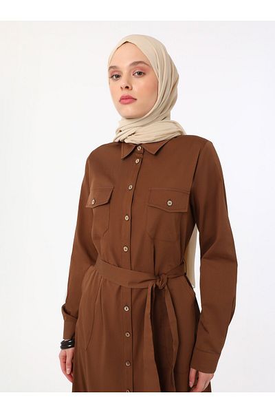 Refka Φόρεμα Hijab Καφέ Ποπλίνα με Λεπτομέρεια με Κουμπιά - Refka