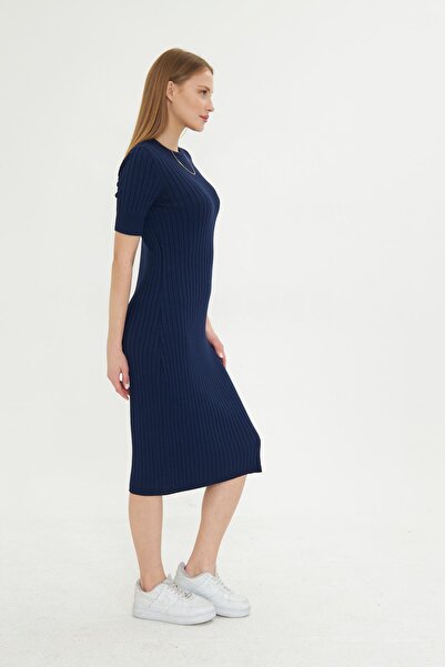 Irmak Kerekli Kadın Lacivert Fitilli Kısa Kollu Triko Elbise 1345