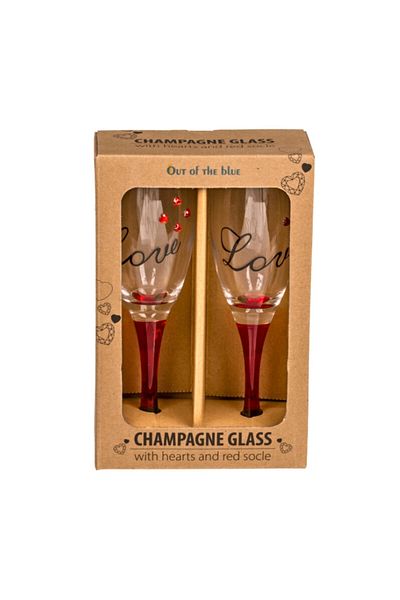 Excellent Houseware Set of 2 champagne glasses with hearts, red base, Love message, 20 cm