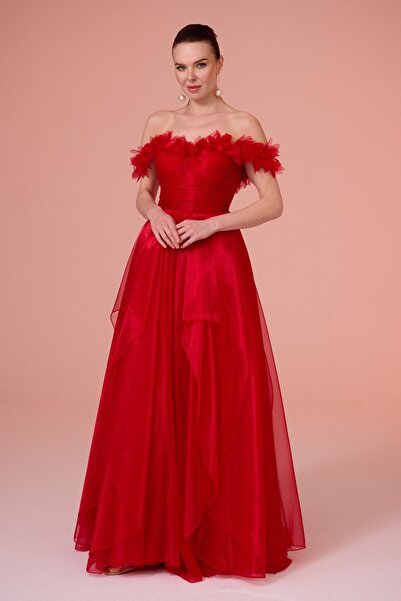 Carmen Kırmızı Düşük Kol Tül Nişanlık