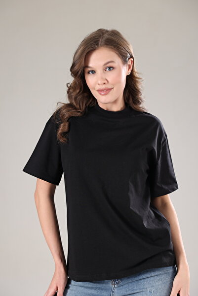 Tight Lady Siyah-Beyaz 2'li Paket %100 Organik Pamuk Basic Ribana'lı Dik Yaka Örme T-Shirt