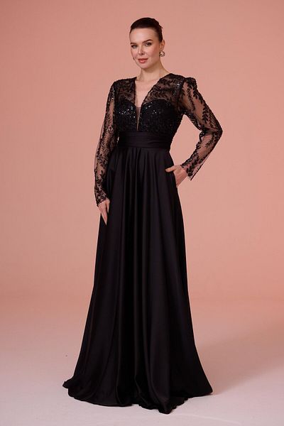 Carmen Black Lace Long Sleeve Satin Evening Dress