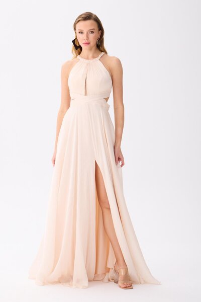 Carmen Fildişi Balıkçı Yaka Şifon Abiye Elbise