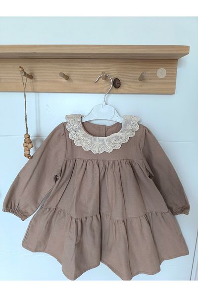 Butik Linen Dress with Lace Collar for Baby Girl