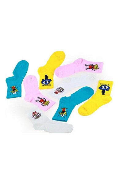 FOURSOLOS Emojili Pamuk Çocuk Çorabı 4 Çift Mavi Pembe Beyaz Sarı, 9-10 Yaş