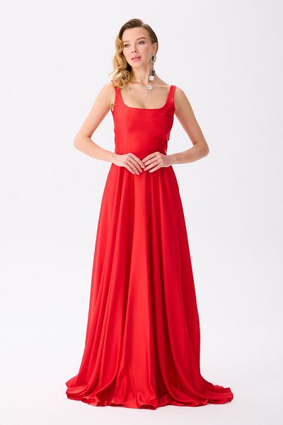 Carmen Red Square Neck Satin Evening Dress