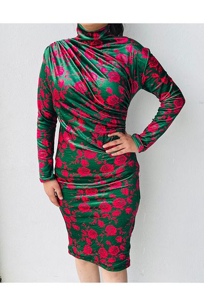 MODA Women Velvet Drawstring Turtleneck Green-Pink Rose Print Long Sleeve Drawstring Dress