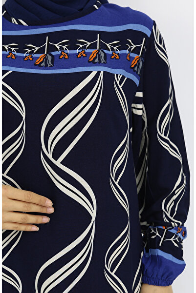 sefamerve Viscose Fabric Elastic Sleeve Dress 0031-05 Navy Blue