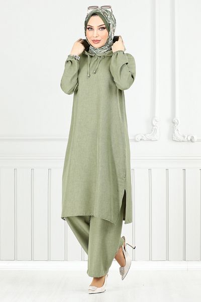 ModaMerve Hooded Linen Suit 824Ozr1047-M Çağla
