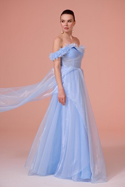 Carmen Mavi Düşük Kol Tül Nişanlık