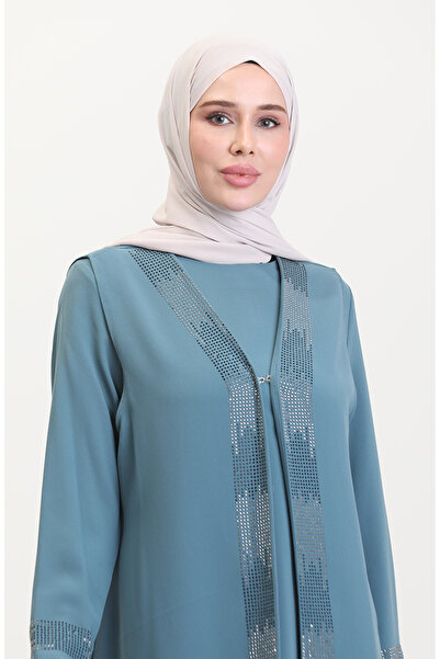 sefamerve Water Green Plus Size Dress Vest Two Piece Set 6140-02