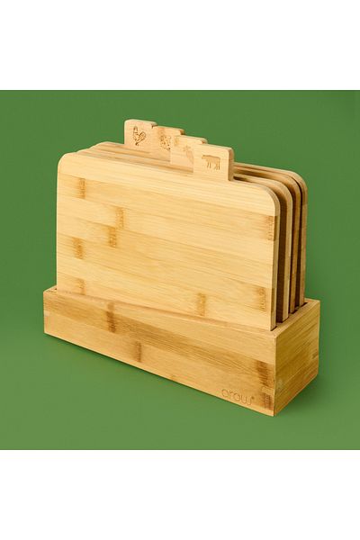AROW Bamboo Cutting Board with 4-Piece Stand - Light Brown