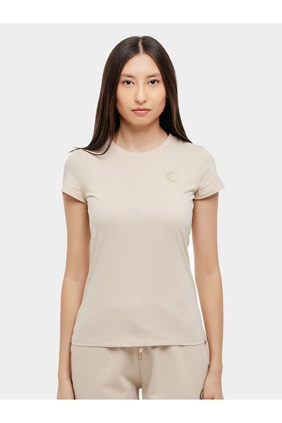 Armani Exchange Tricou de damă din bumbac, auriu, cu logo-ul metalic imprimat, cu mânecă scurtă, cu gât rotund, bej XW 000320   AF10356-U1095