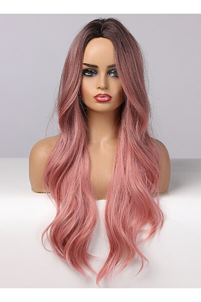 ETG باروكة شعر صناعي متموجة كبيرة باللون الوردي المتدرج في منتصف الجزء