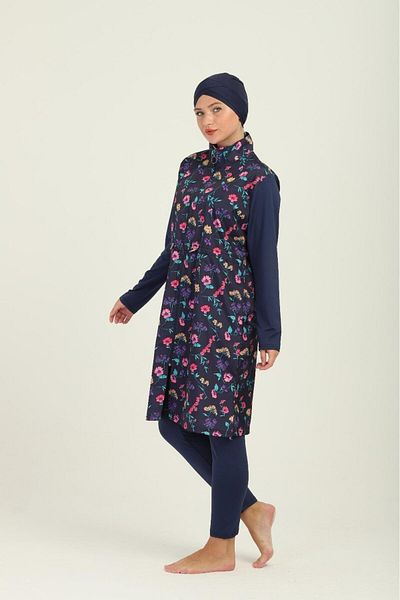 XORVİO Women's Navy Blue Zipper Hijab Adjustable Waist Elastic Fit Burkini Water Repellent Fabric