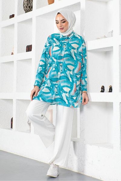 benguen Turquoise Patterned Hijab Shirt 8880
