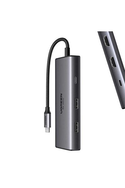 Ugreen | محول USB-C إلى منفذين*USB-A 3.0+USB-C 3.0+منفذين*HDMI+PD |رمادي
