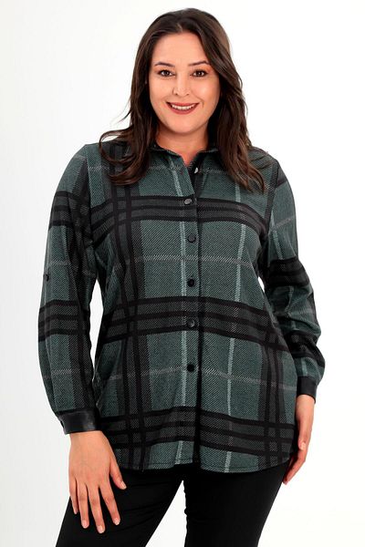 Metpoint Trend42plus Plus Size Ψηφιακό καρό εμπριμέ δερμάτινο γιακά πράσινο πουκάμισο