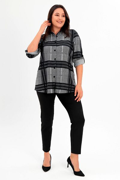 Metpoint Trend42Plus Large Size Digital Plaid Printed Leather Collar Black Shirt