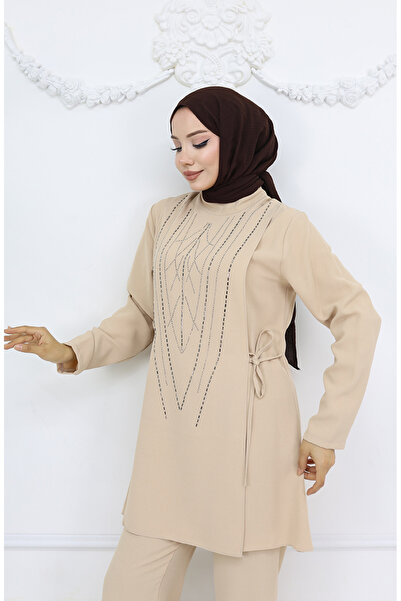 sefamerve Βραδινό φόρεμα με πλαϊνή γραβάτα Tunic Παντελόνι Κοστούμι Mink 6123-01