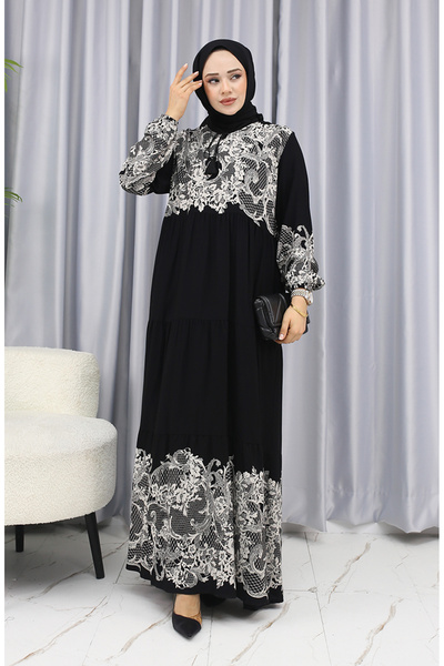 sefamerve Sulu Desen Elbise 4082-02 Siyah Beyaz