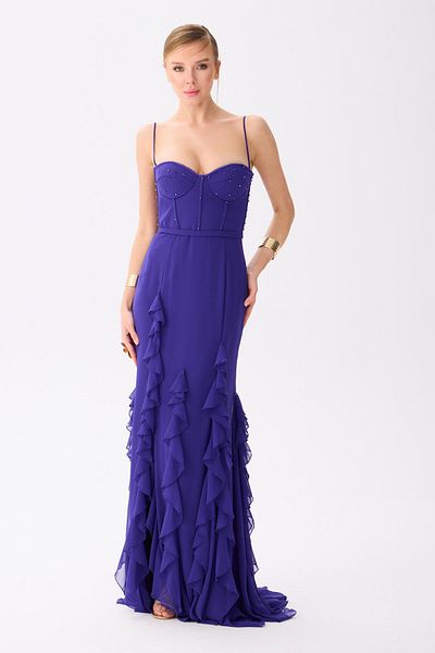 Carmen Purple Flounce Slit Chiffon Evening Dress