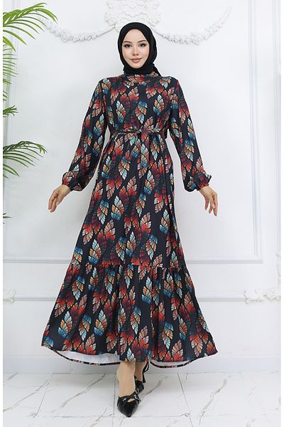sefamerve Jessica Fabric Patterned 0033-02 Μαύρο Κοραλί Φόρεμα