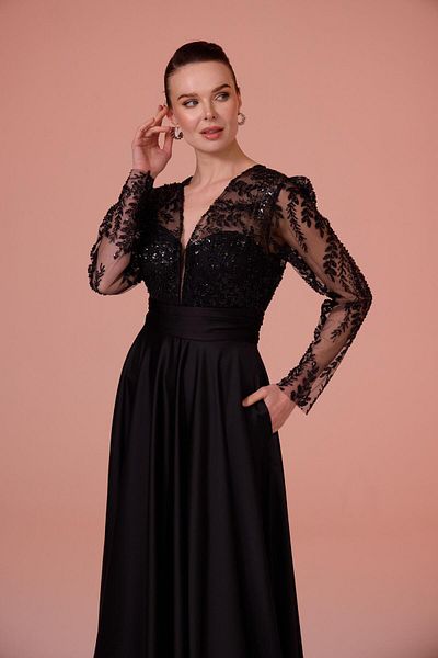 Carmen Black Lace Long Sleeve Satin Evening Dress