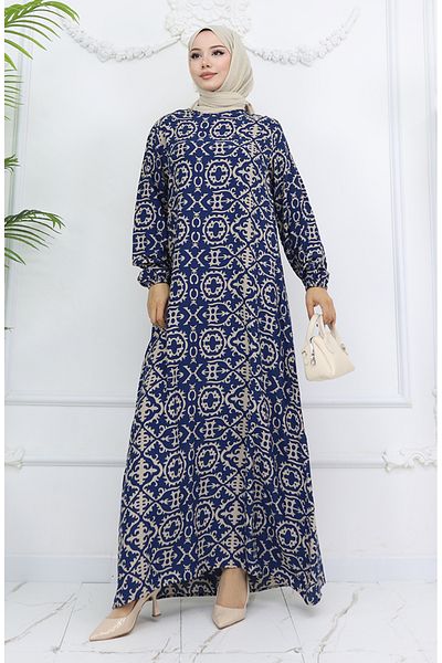 sefamerve Φόρεμα με σχέδιο από ύφασμα βισκόζης 0036-03 Navy Blue
