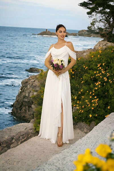 FaBe Fashion Ip Askılı Degaje Yaka Düşük Omuzlu Yırtmaçlı Sırtı Bağcıklı Şifon Dış Çekim Ve Nikah Nişan Elbisesi