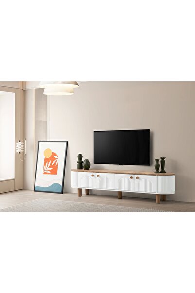 Evistro Tv Sehpası 4 Kapaklı Beyaz-Meşe 180cm Kurulu Gönderilir