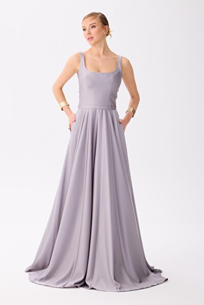 Carmen Gri Kare Yaka Saten Abiye Elbise