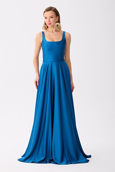 Carmen Petrol Square Collar Satin Evening Dress