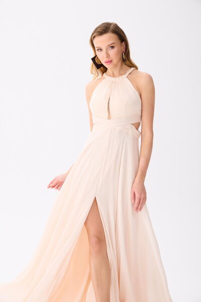 Carmen Fildişi Balıkçı Yaka Şifon Abiye Elbise