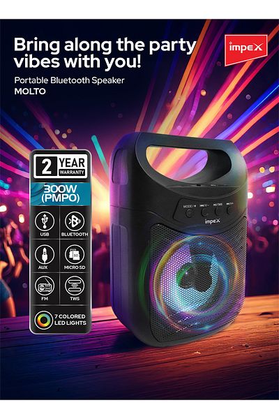 İMPEX مكبر صوت محمول بتقنية البلوتوث، 300 واط PMPO، مكبر صوت 4 بوصات، 7 مصابيح LED ملونة، بطارية 800 مللي أمبير/ساعة - MOLTO