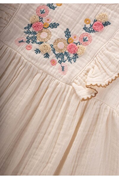 Cigit Etnik Süzene Nakışlı Organik Elbise 1-7 Yaş Naturel