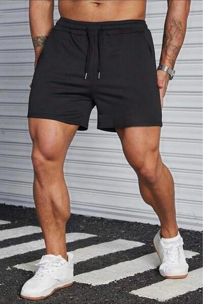 NO 601 Men's Black Plain Patternless Combed Cotton Shorts